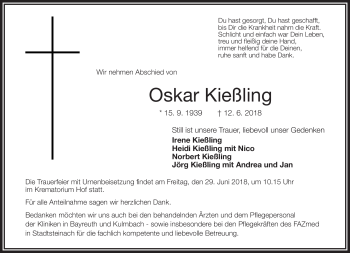 Traueranzeige von Oskar Kießling von Frankenpost