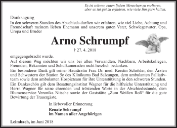 Traueranzeige von Arno Schrumpf von Südthüringer Presse