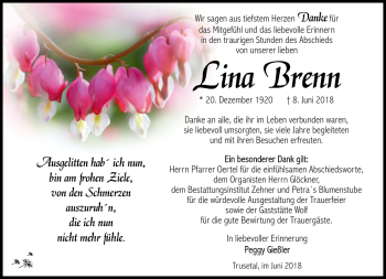 Traueranzeige von Lina Brenn von Südthüringer Presse