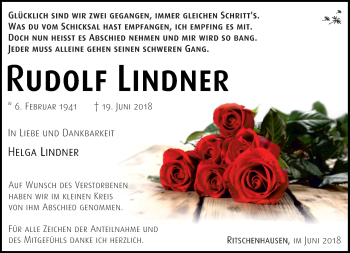 Traueranzeige von Rudolf Lindner von Südthüringer Presse