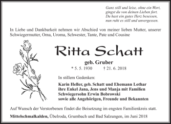 Traueranzeige von Ritta Schatt von Südthüringer Presse