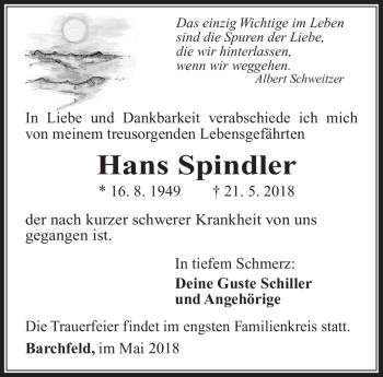 Traueranzeige von Hans Spindler von Südthüringer Presse