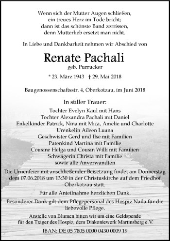 Traueranzeige von Renate Pachali von Frankenpost