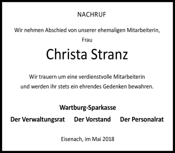 Traueranzeige von Christa Stranz von Südthüringer Presse