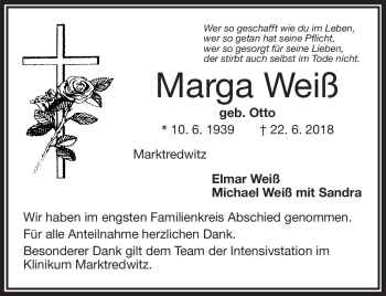 Traueranzeige von Marga Weiß von Frankenpost