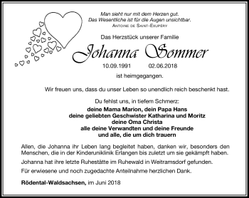 Traueranzeige von Johanna Sommer von Neue Presse Coburg