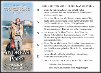 Traueranzeige von Andreas Popp von Südthüringer Presse