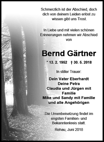 Traueranzeige von Bernd Gärtner von Frankenpost