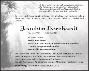 Traueranzeige von Joachim Bernhardt von Südthüringer Presse
