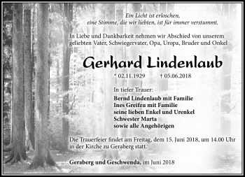 Traueranzeige von Gerhard Lindenlaub von Südthüringer Presse