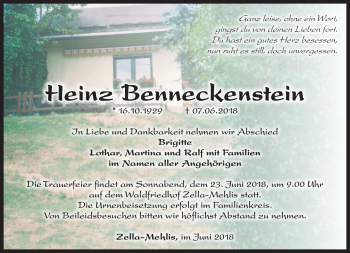 Traueranzeige von Heinz Benneckenstein von Südthüringer Presse