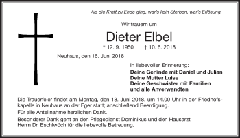 Traueranzeige von Dieter Elbel von Frankenpost