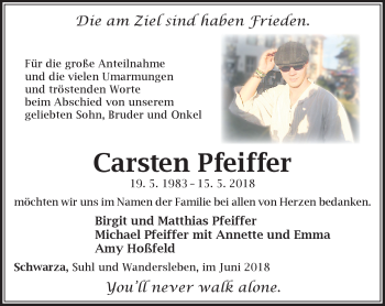 Traueranzeige von Carsten Pfeiffer von Südthüringer Presse