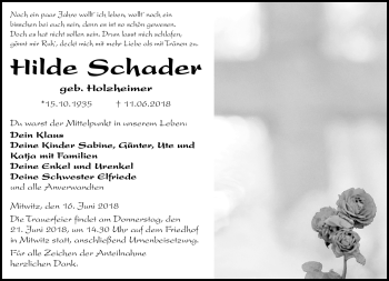 Traueranzeige von Hilde Schader von Neue Presse Coburg