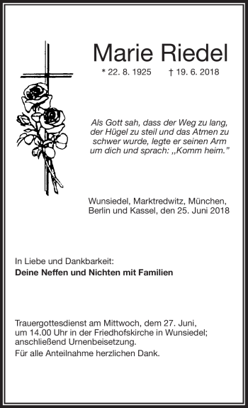 Traueranzeige von Marie Riedel von Frankenpost