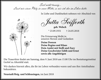 Traueranzeige von Jutta Seifferth von Südthüringer Presse