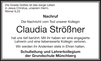 Traueranzeige von Claudia Strößner von Frankenpost