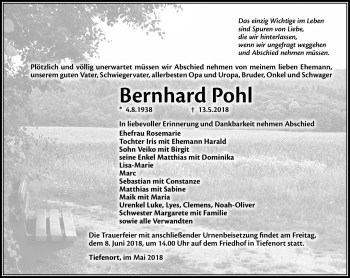 Traueranzeige von Bernhard Pohl von Südthüringer Presse