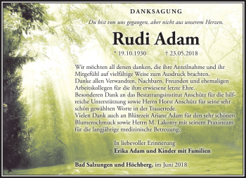 Traueranzeige von Rudi Adam von Südthüringer Presse