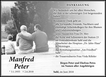 Traueranzeige von Manfred Peter von Südthüringer Presse