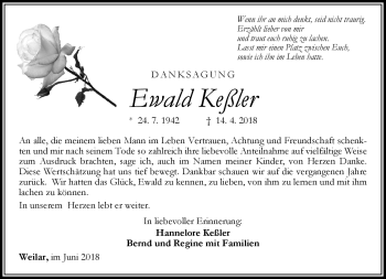 Traueranzeige von Ewald Keßler von Südthüringer Presse
