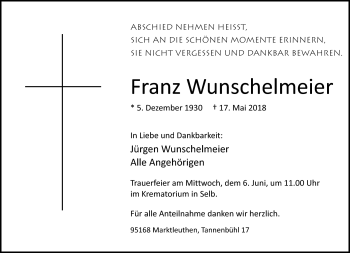 Traueranzeige von Franz Wunschelmeir von Frankenpost