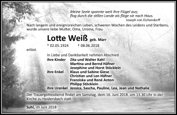 Traueranzeige von Lotte Weiß von Südthüringer Presse