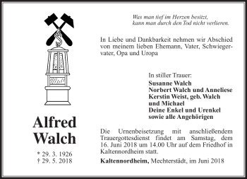 Traueranzeige von Alfred Walch von Südthüringer Presse