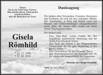 Traueranzeige von Gisela Römhild von Südthüringer Presse