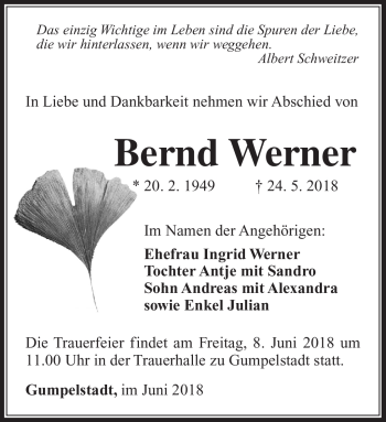 Traueranzeige von Bernd Werner von Südthüringer Presse