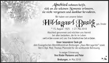 Traueranzeige von Hildegard Preiß von Südthüringer Presse
