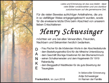 Traueranzeige von Henry Schwesinger von Südthüringer Presse