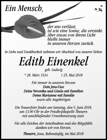 Traueranzeige von Edith Einenkel von Südthüringer Presse