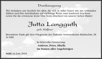 Traueranzeige von Jutta Langguth von Südthüringer Presse