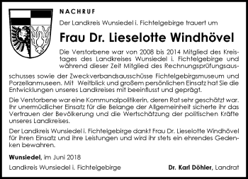 Traueranzeige von Liselotte Windhövel von Frankenpost