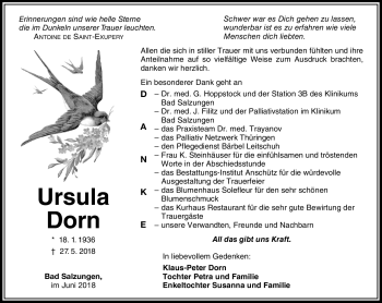 Traueranzeige von Ursula Dorn von Südthüringer Presse