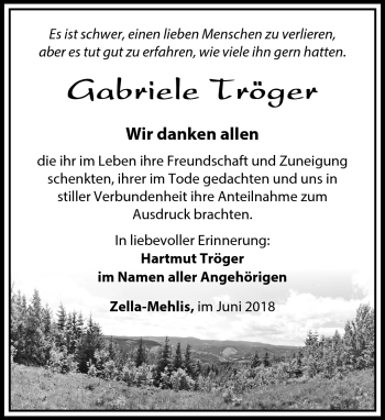 Traueranzeige von Gabriele Tröger von Südthüringer Presse