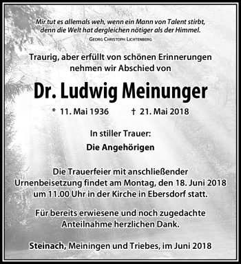 Traueranzeige von Ludwig Meinunger von Südthüringer Presse