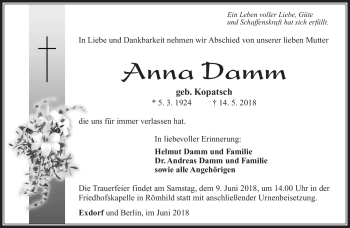 Traueranzeige von Anna Damm von Südthüringer Presse