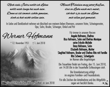 Traueranzeige von Werner Hofmann von Südthüringer Presse