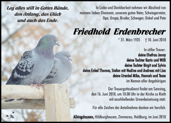 Traueranzeige von Friedhold Erdenbrecher von Südthüringer Presse