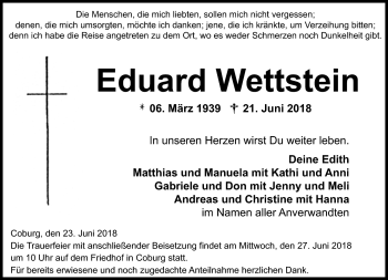 Traueranzeige von Eduard Wettstein von Neue Presse Coburg