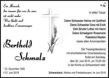 Traueranzeige von Berthold Schmalz von Südthüringer Presse
