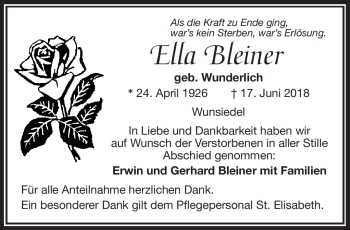 Traueranzeige von Ella Bleiner von Frankenpost