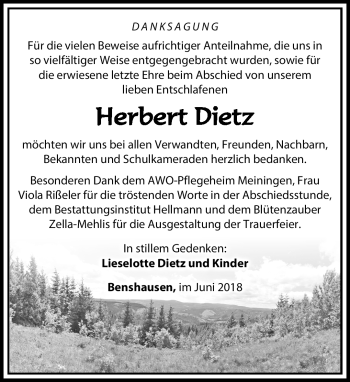 Traueranzeige von Herbert Dietz von Südthüringer Presse