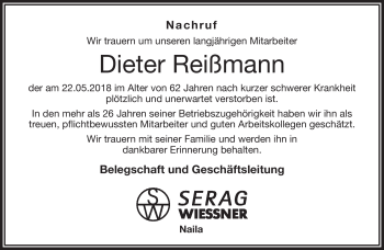 Traueranzeige von Dieter Reißmann von Frankenpost