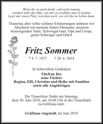 Traueranzeige von Fritz Sommer von Südthüringer Presse