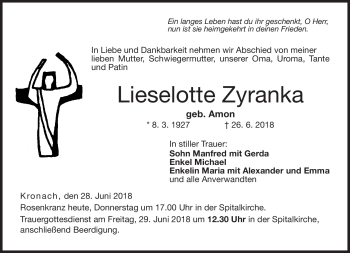Traueranzeige von Lieselotte Zyranka von Neue Presse Coburg