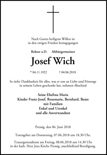 Traueranzeige von Josef Wich von Neue Presse Coburg