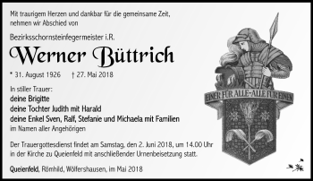 Traueranzeige von Werner Büttrich von Südthüringer Presse